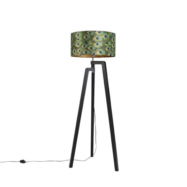 Floor lamp tripod black with shade peacock design 50 cm - Puros