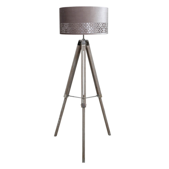 Harris Grey Velvet Shade Floor Lamp With Natural Tripod