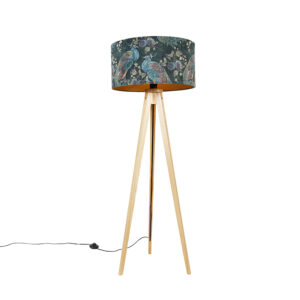 Modern floor lamp wood fabric shade peacock 50 cm – Tripod Classic