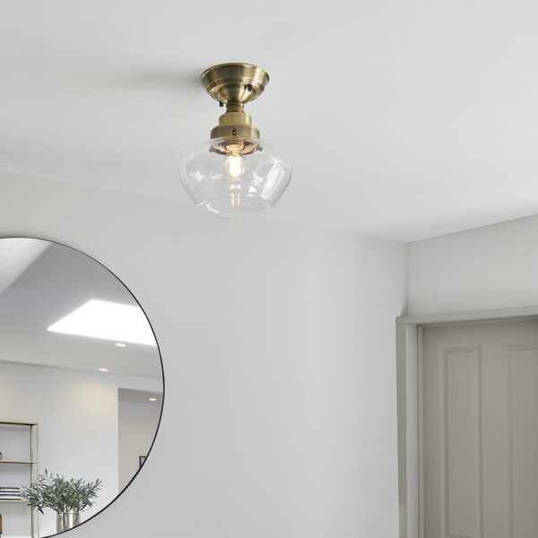 Crowley Clear Glass Semi-Flush Ceiling Light In Antique Brass